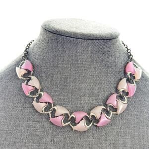 Vintage Retro Silver Tone Pink Moonglow Thermoset Beaded Chain Choker Necklace